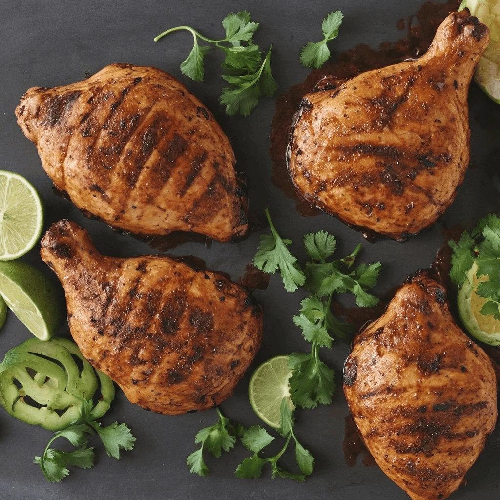 Grilled Chicken Thighs with Fresh Garnishe Grilled chicken thighs served with fresh cilantro, lime wedges, and sliced jalapeños on a slate plate.