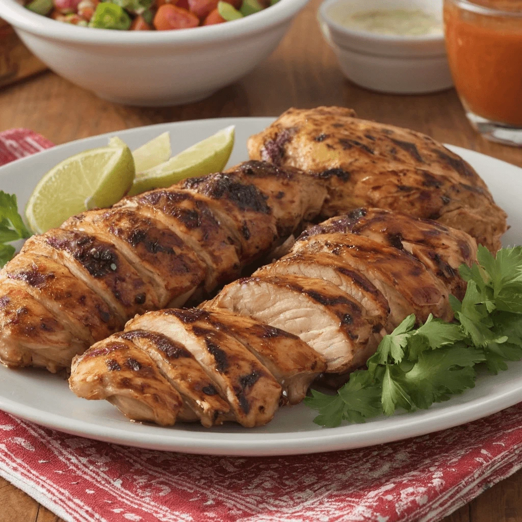 San Antonio Grilled Chicken with Lime and Cilantro Garnish Sliced grilled chicken marinated in San Antonio Mexican spices, garnished with lime and cilantro.