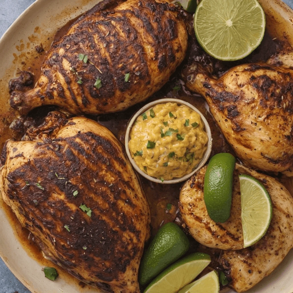 Grilled Chicken Thighs with Lime and Creamy Sauce Grilled chicken thighs served on a plate with lime wedges and a side of creamy dipping sauce garnished with herbs.