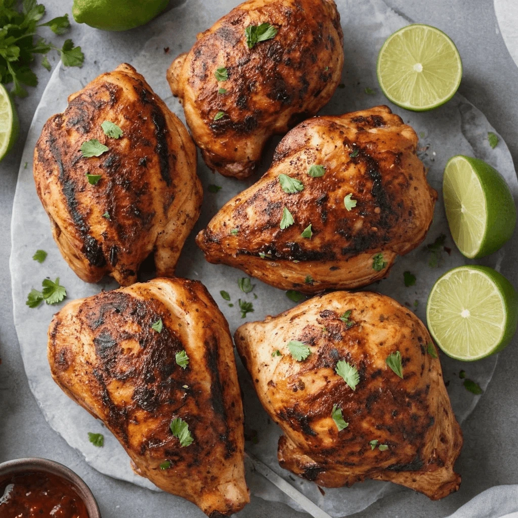 : Herb-Garnished Grilled Chicken with Lime Grilled chicken thighs arranged on parchment paper, garnished with fresh herbs and accompanied by lime halves.