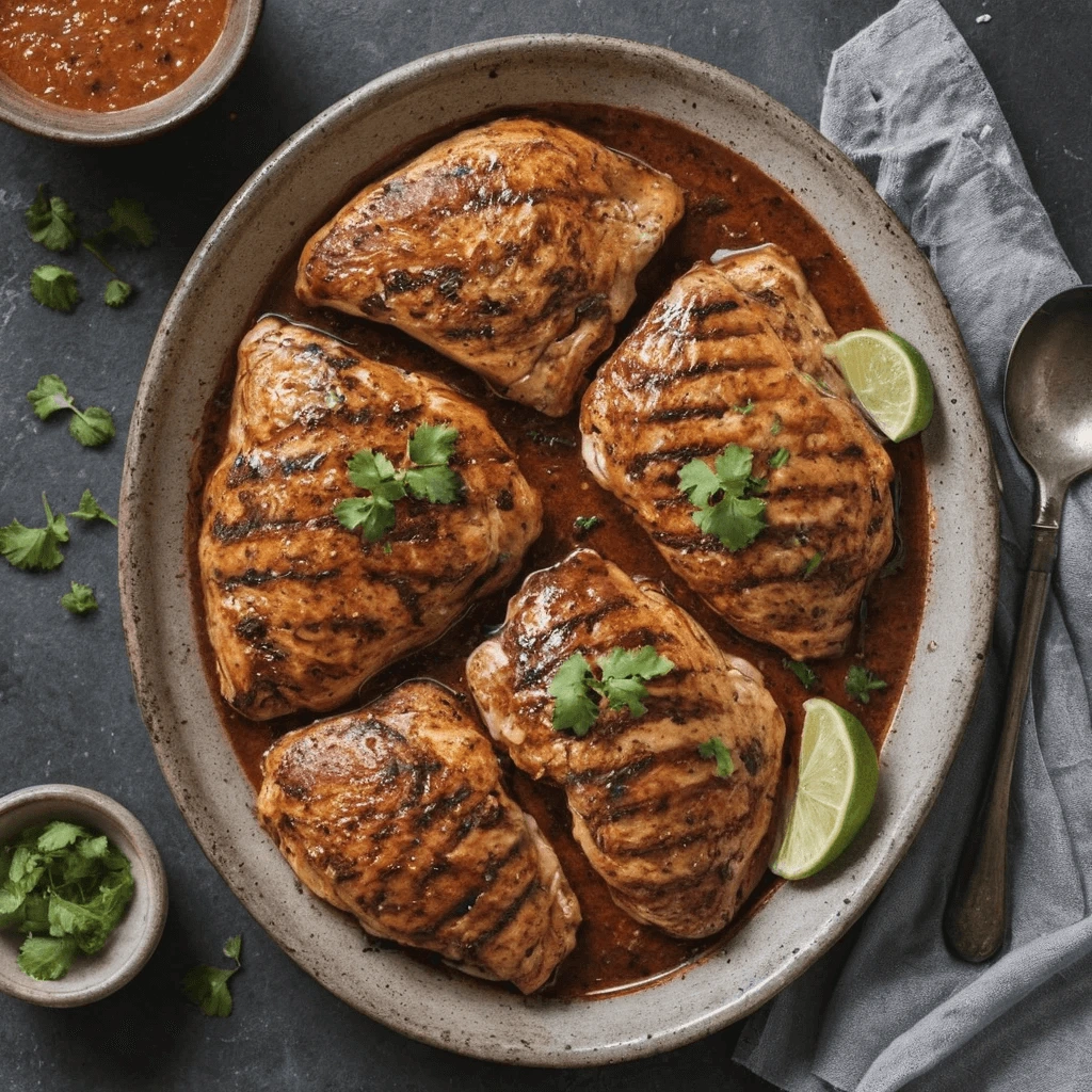 Grilled Mexican Chicken Thighs in a Zesty Sauce Grilled Mexican chicken thighs served in a rich, flavorful sauce, garnished with fresh cilantro and lime wedges.