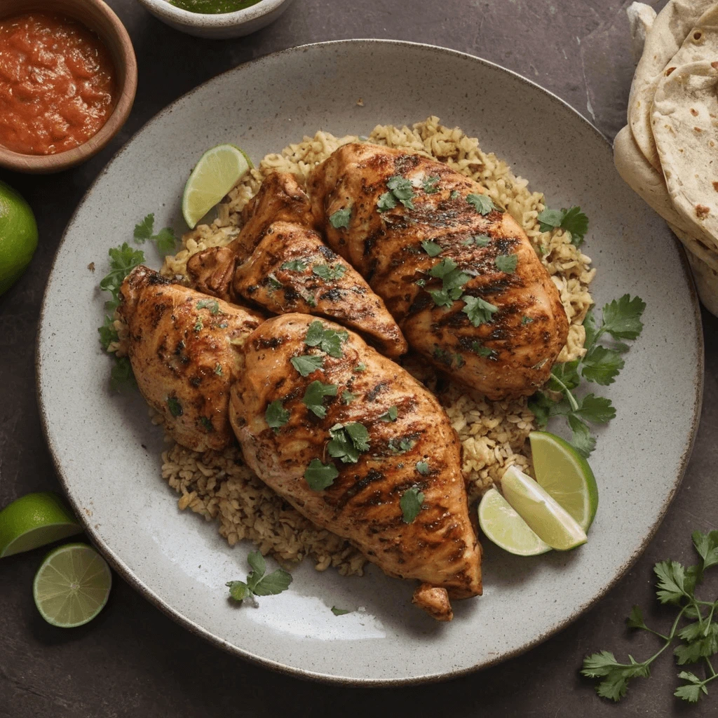 Grilled Mexican chicken breasts garnished with fresh cilantro, served over a bed of rice with lime wedges, alongside sauces and tortillas