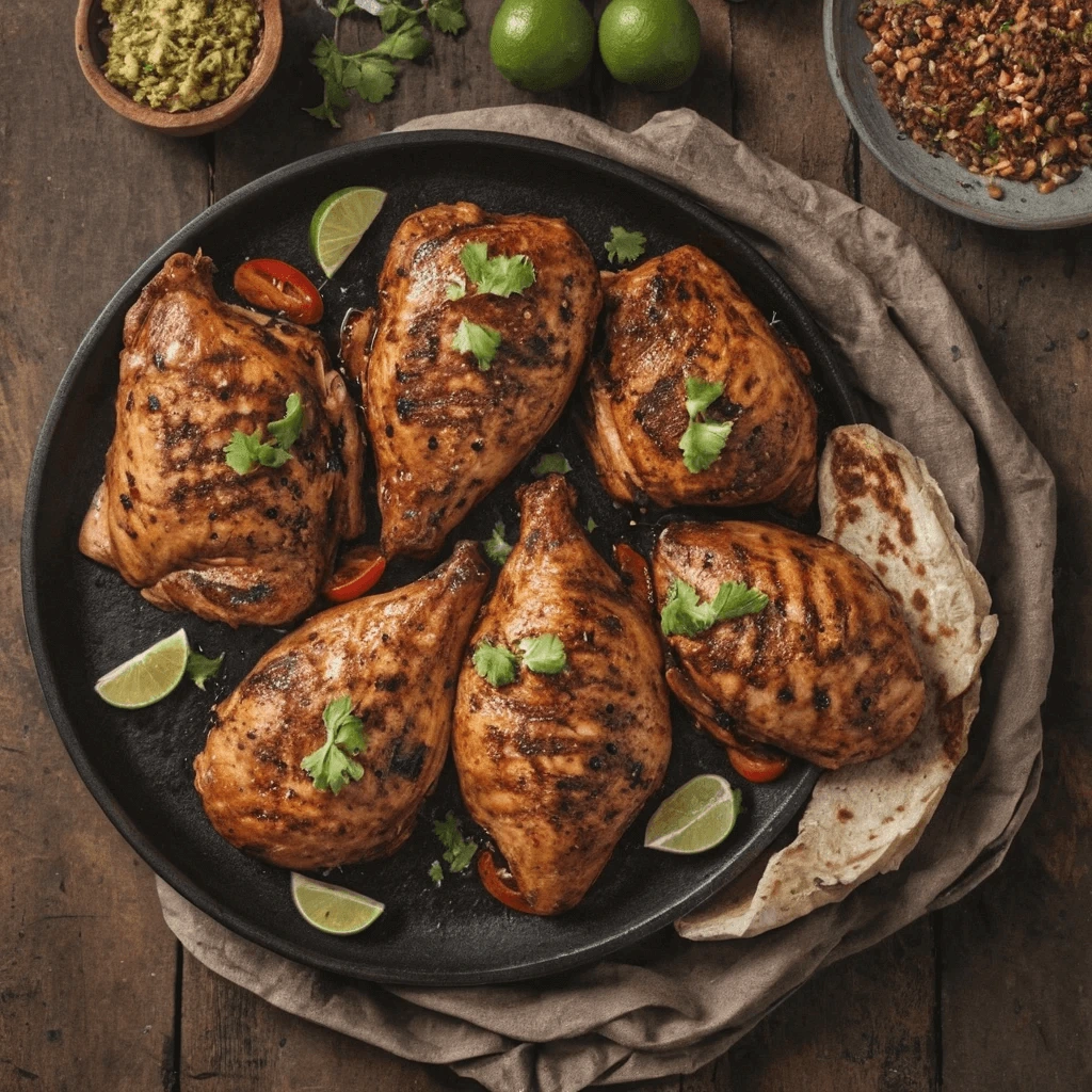 Grilled Chicken Thighs with Cilantro and Lime A platter of grilled chicken thighs garnished with fresh cilantro and lime wedges, accompanied by tortillas and guacamole on a rustic wooden table.