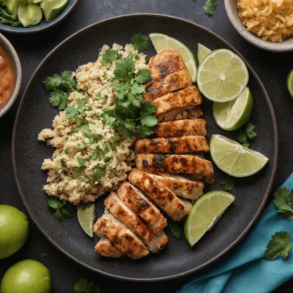 Grilled Chicken with Cilantro Lime Rice A plate of grilled chicken slices served with cilantro lime rice, lime wedges, and garnished with fresh cilantro, accompanied by side dishes on a dark background.