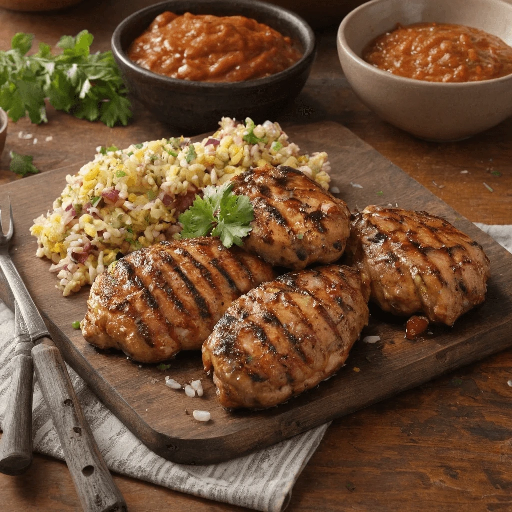 Four grilled chicken fillets with golden grill marks, served on a wooden board alongside a portion of rice salad and bowls of sauce.