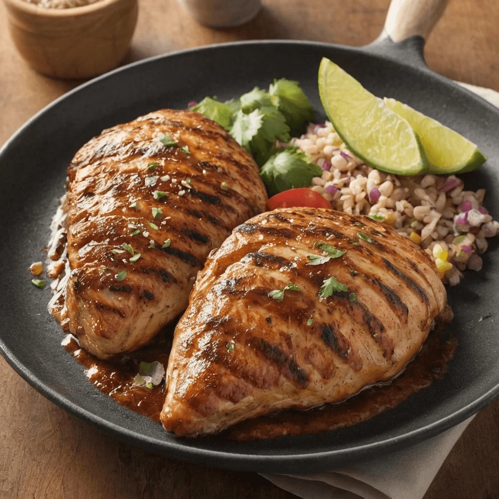 Two grilled chicken breasts with a glossy glaze, served in a black skillet with rice salad, fresh cilantro, and lime wedges.