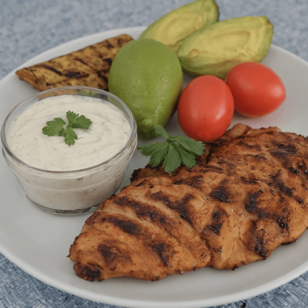 Grilled chicken breast with a side of creamy sauce, fresh avocado, lime, cherry tomatoes, and grilled flatbread on a white plate.