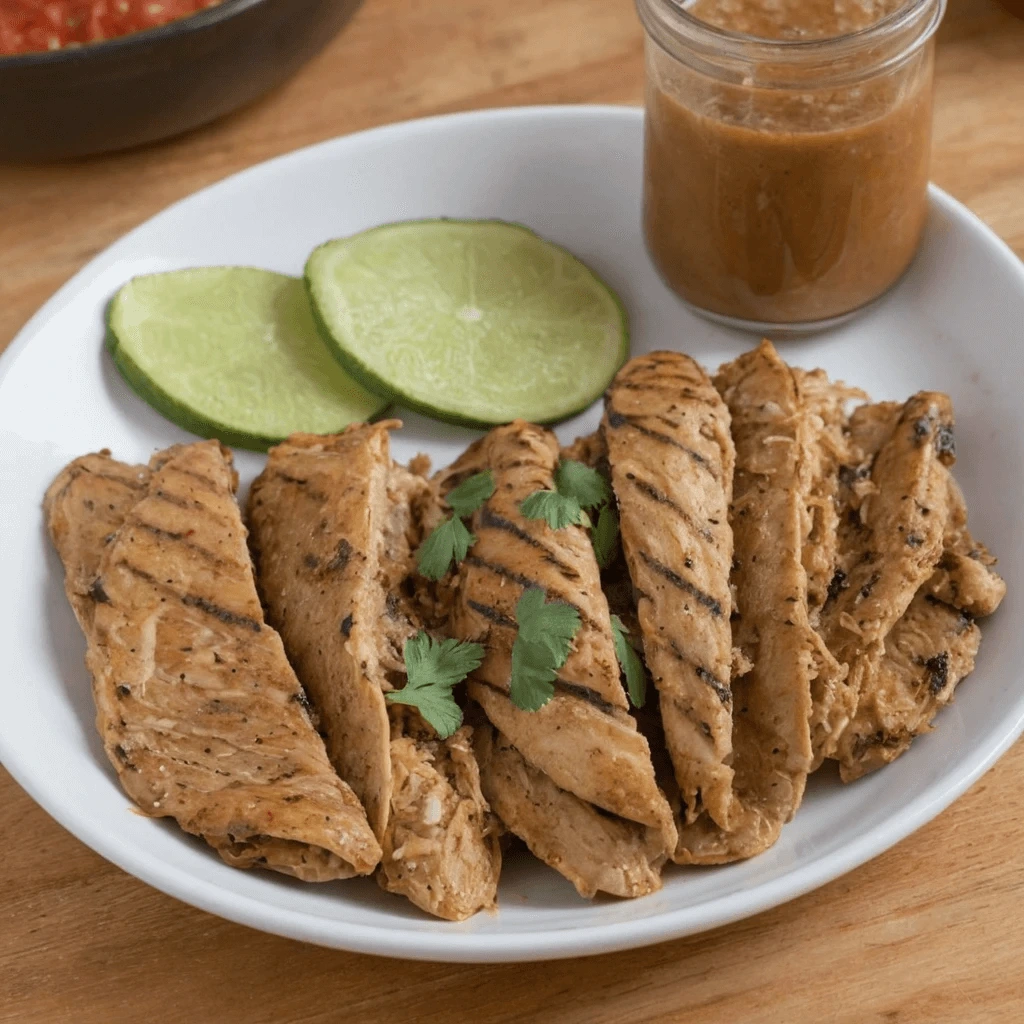 Grilled Plant-Based Chicken with Tangy Lime & Sauce A plate of grilled plant-based chicken slices garnished with fresh cilantro, served with lime wedges and a jar of dipping sauce.