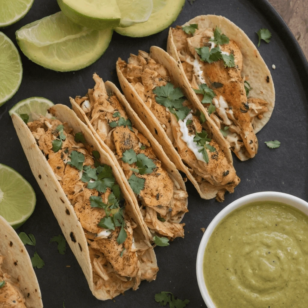 Delicious Chicken Tacos with Fresh Cilantro & Green Salsa A plate of chicken tacos garnished with fresh cilantro, served with lime wedges and a side of green salsa.
