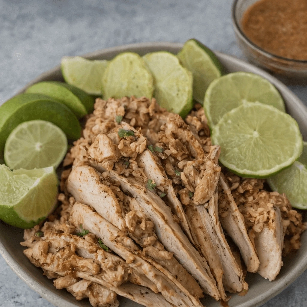 Juicy Shredded Chicken with Fresh Lime and Seasoning A plate of seasoned shredded and sliced chicken garnished with fresh lime wedges, served with a side of sauce.