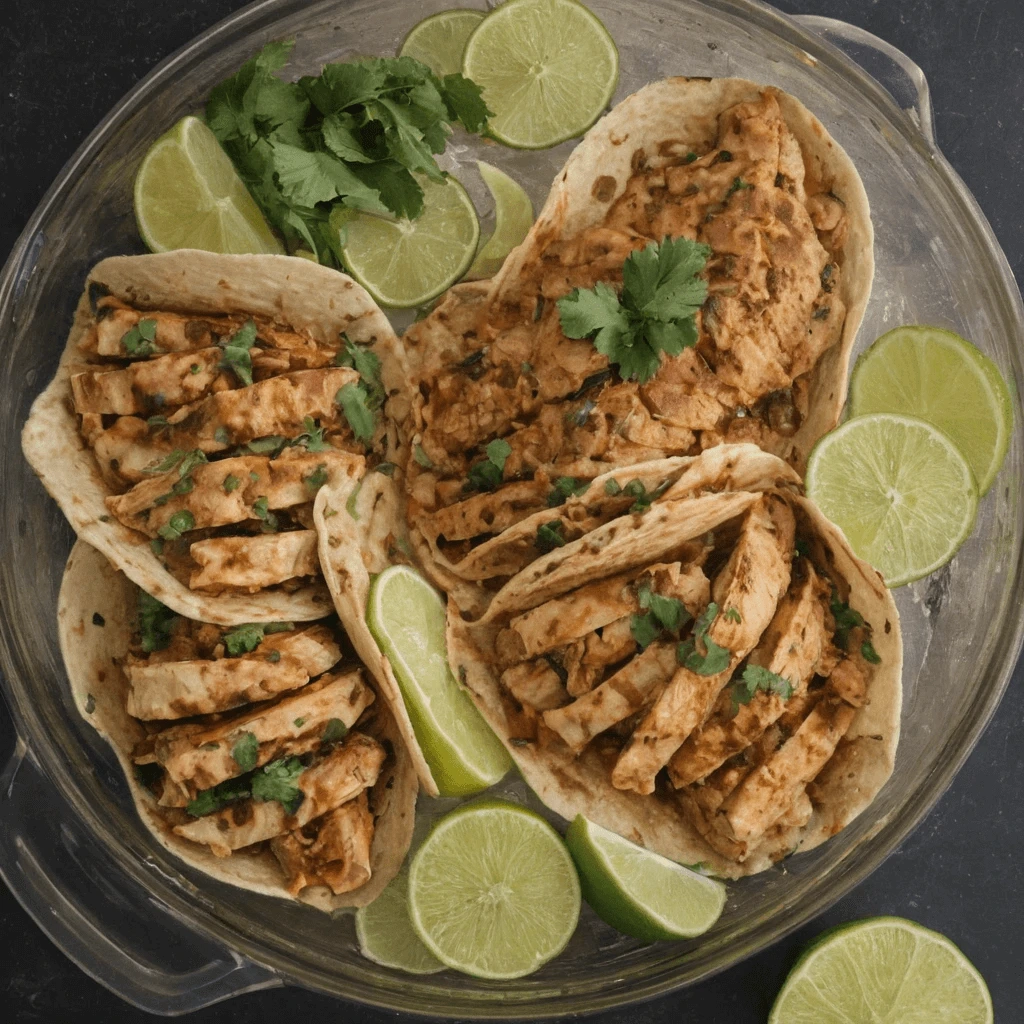 Savory Grilled Chicken Tacos with Fresh Lime A glass dish filled with soft tacos stuffed with sliced grilled chicken, garnished with fresh cilantro and lime wedges.