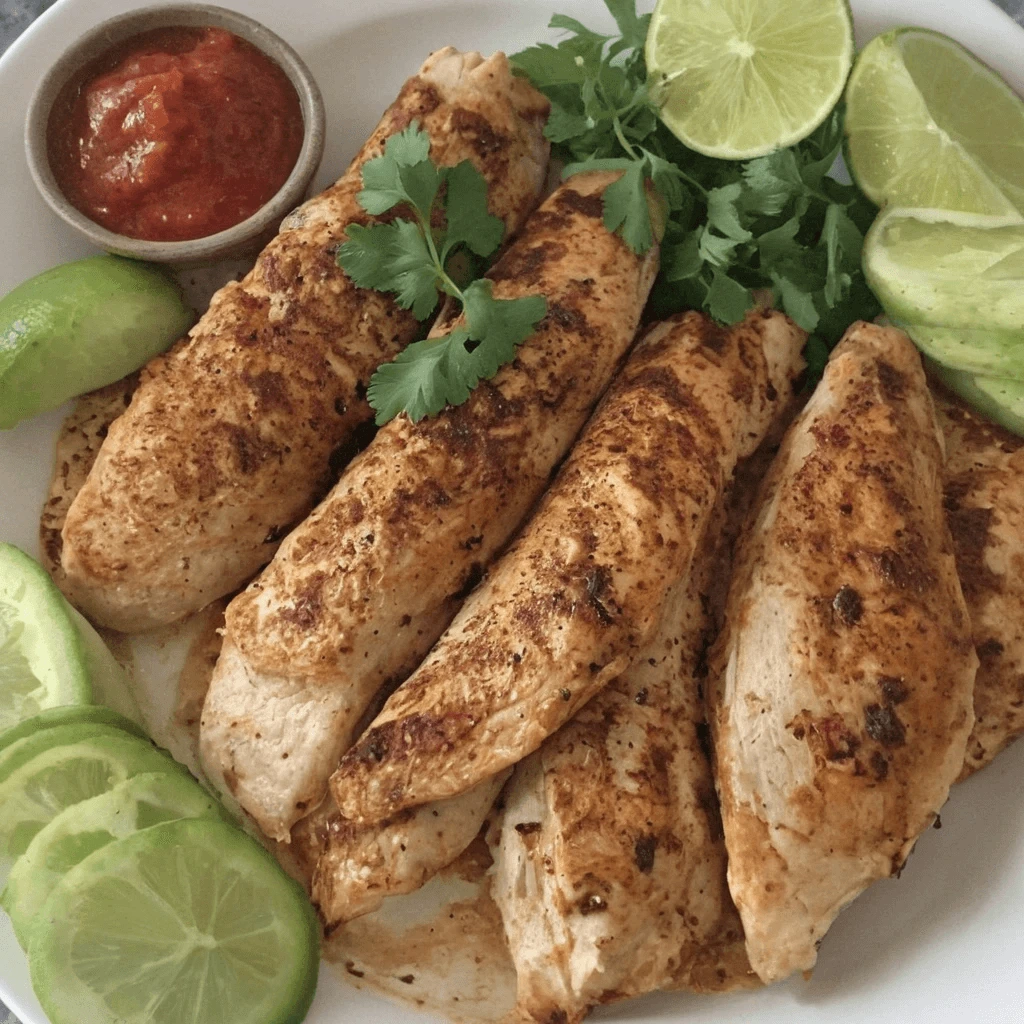 Spiced Grilled Chicken with Fresh Garnishes A plate of grilled chicken fillets garnished with fresh cilantro, served with lime slices, avocado, and a side of salsa.