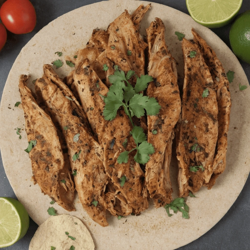 Juicy Mexican Shredded Chicken for Tacos Shredded Mexican chicken seasoned with spices, garnished with fresh cilantro, and served on a tortilla, surrounded by lime wedges and tomatoes.