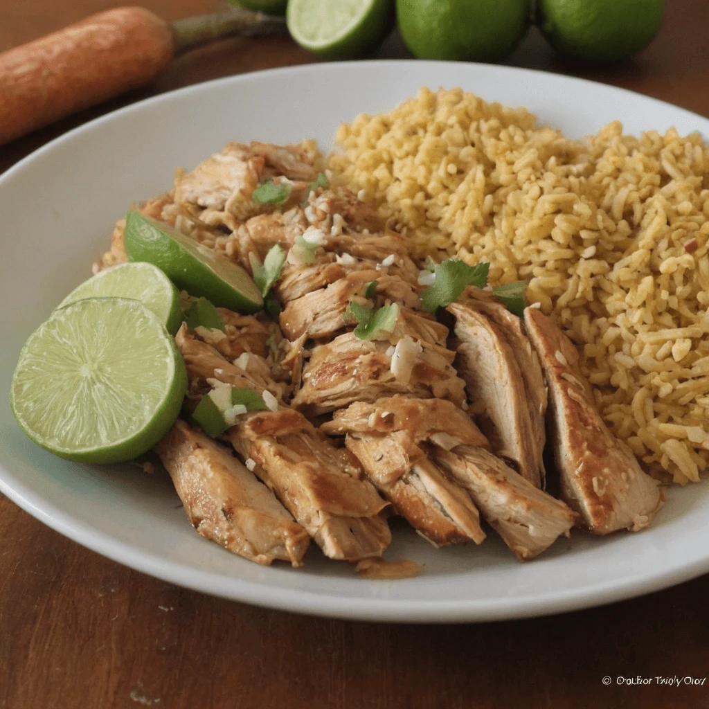 A plate of tender, marinated shredded chicken served with seasoned rice, garnished with fresh cilantro and lime wedges.