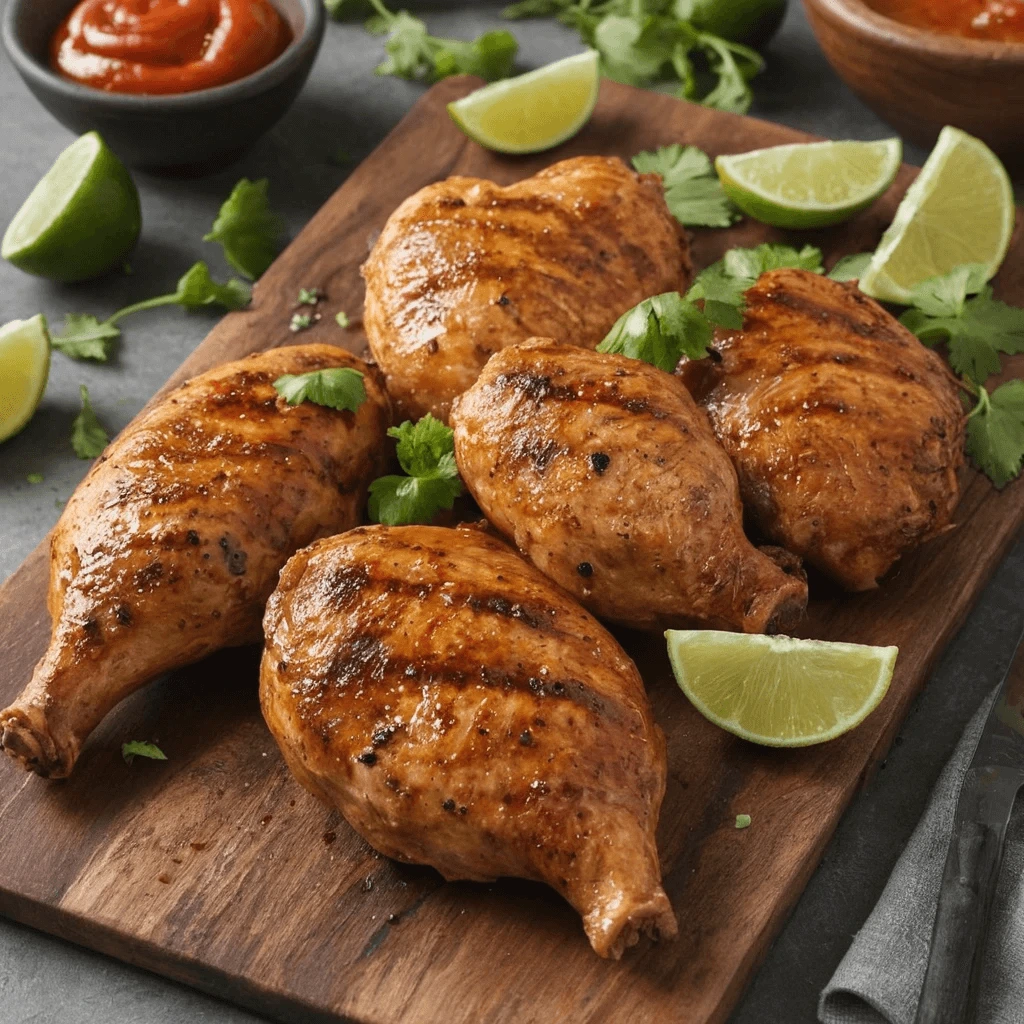 : Grilled stuffed chicken drumsticks with a golden-brown exterior, garnished with fresh cilantro and lime wedges, served on a wooden cutting board.