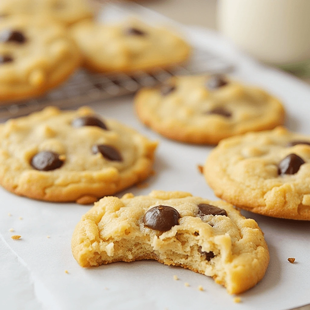 Freshly baked Chick-fil-A-style cookies with chocolate chips, one with a bite taken out, on parchment paper with a cooling rack in the background