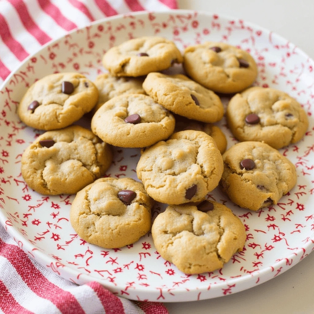 A plate of soft homemade chocolate chip cookies, inspired by the Chick-fil-A copycat cookie recipe.