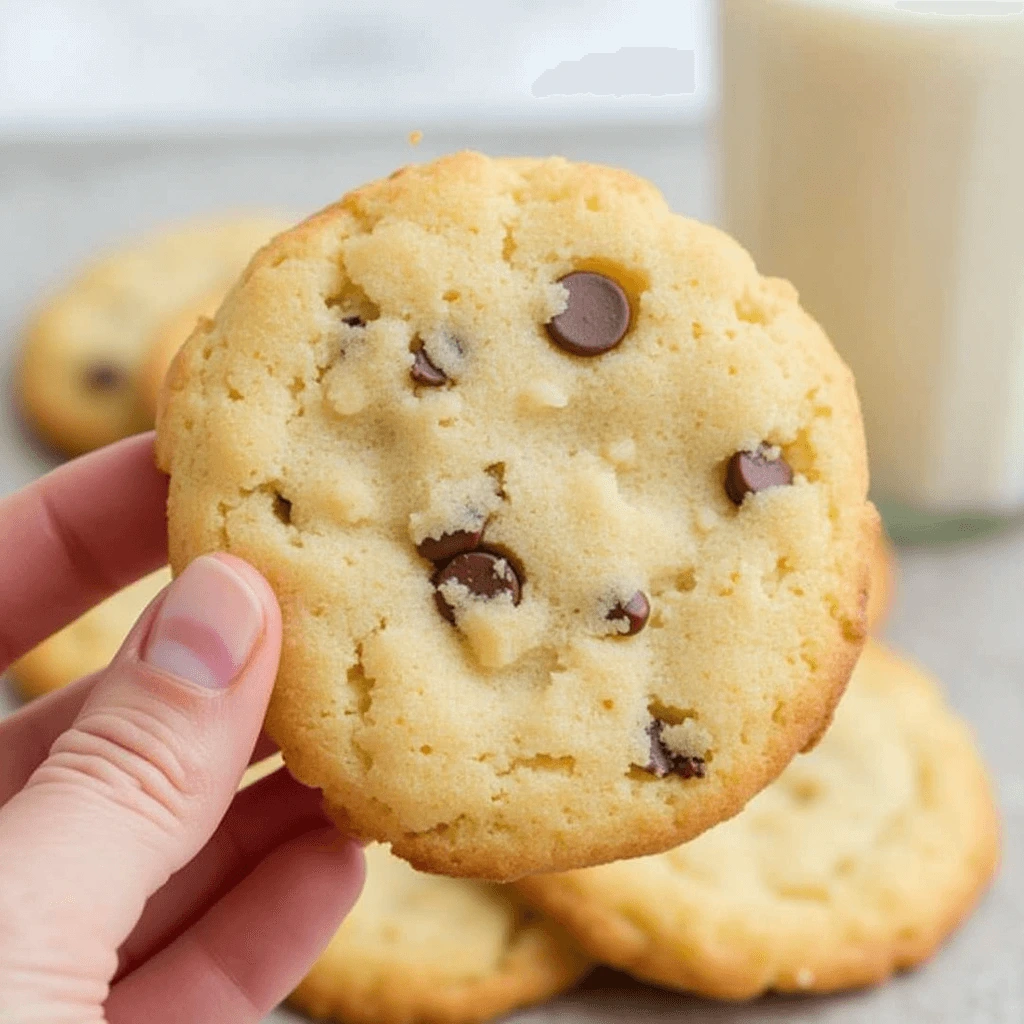 Close-up of a soft chocolate chip cookie held in hand, with a glass of milk in the background.