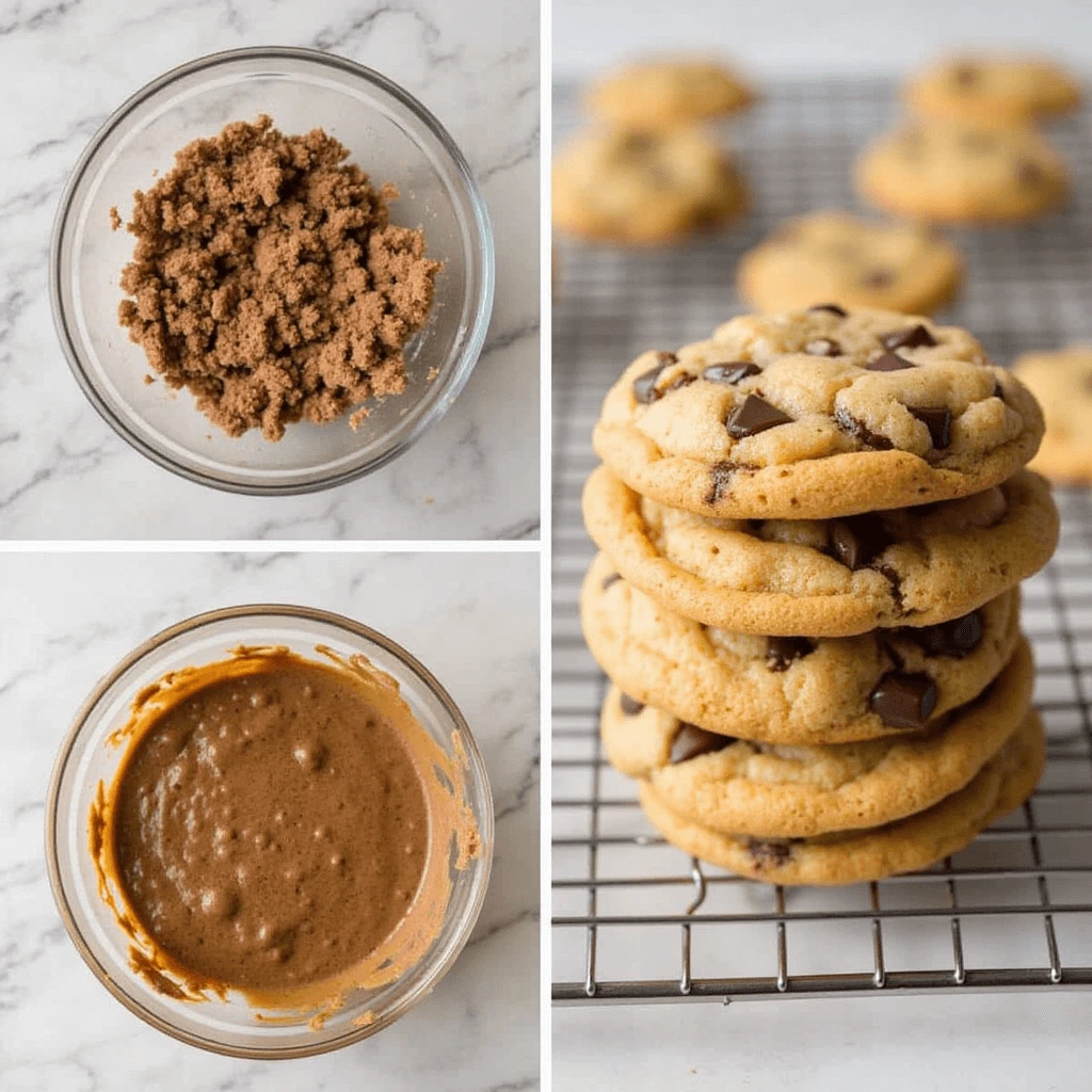 Chick-fil-A cookie Close-up of homemade Chick-fil-A chocolate chunk cookies stacked on a cooling rack, with ingredients including brown sugar and a cookie dough mixture in glass bowls.