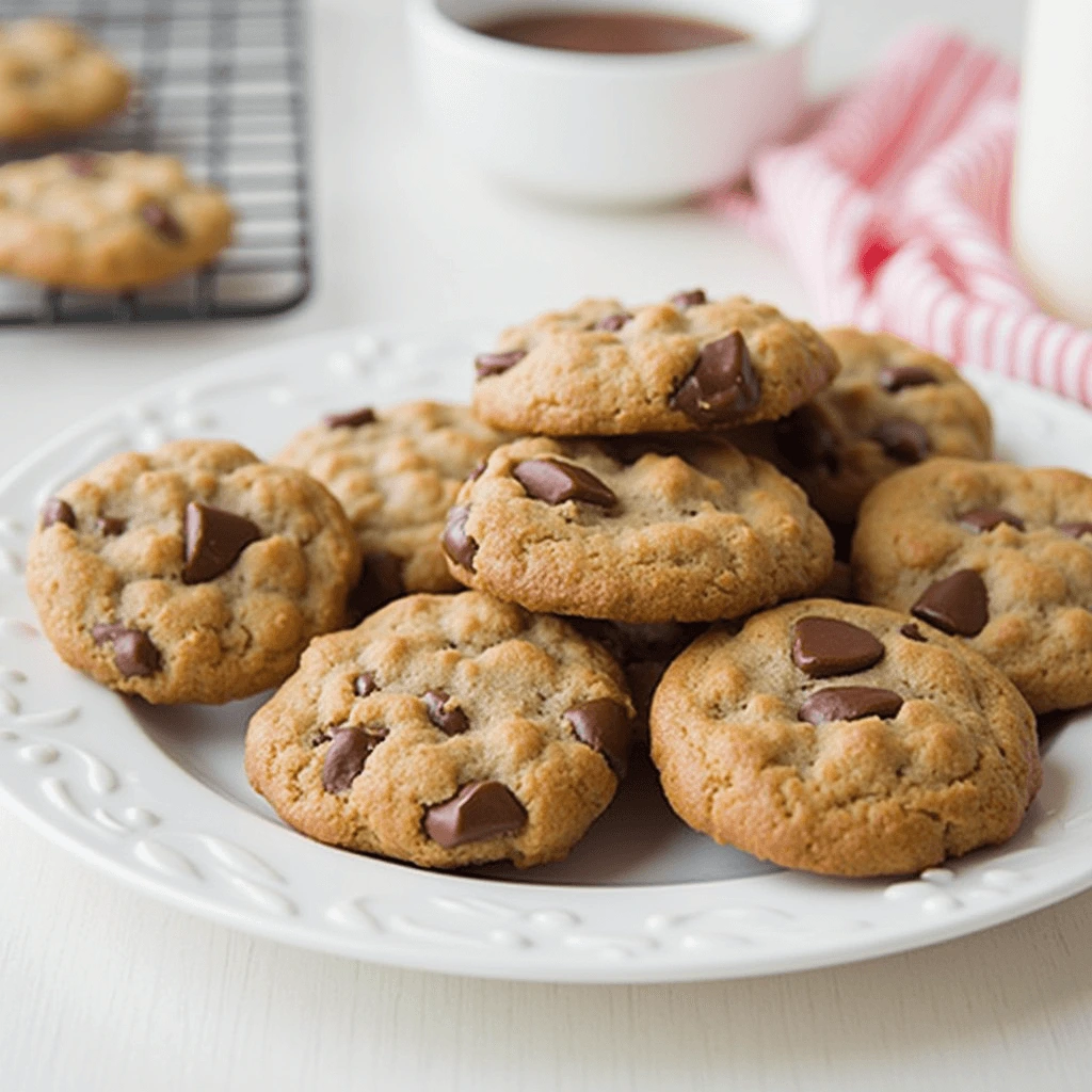 Chick-fil-A cookie A plate of freshly baked Chick-fil-A chocolate chunk cookies with melted chocolate pieces, served with milk and a cup of chocolate sauce in the background