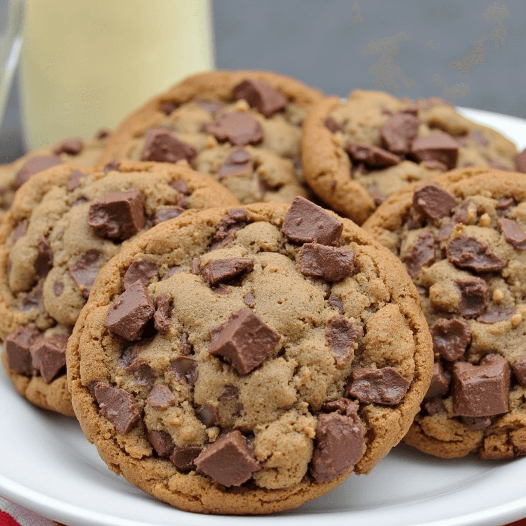 Chick-fil-A cookie Close-up of freshly baked Chick-fil-A chocolate chunk cookies loaded with large chocolate pieces, served on a white plate with a glass of milk in the background.