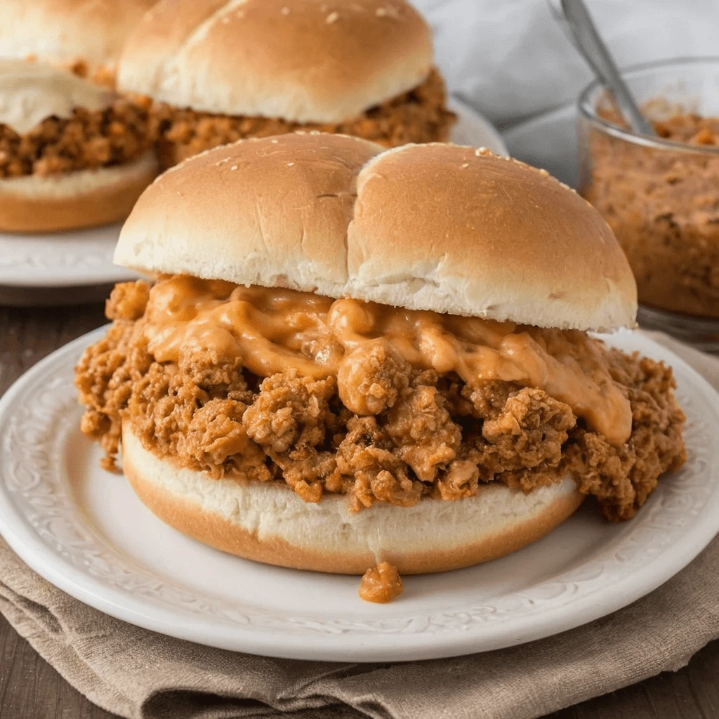 A delicious, overstuffed sloppy joe-style sandwich filled with crispy ground chicken and a creamy, orange-hued sauce. The sandwich sits on a white plate, with another sandwich and a jar of sauce visible in the background. The sauce is slightly dripping, adding to the mouthwatering appeal.
