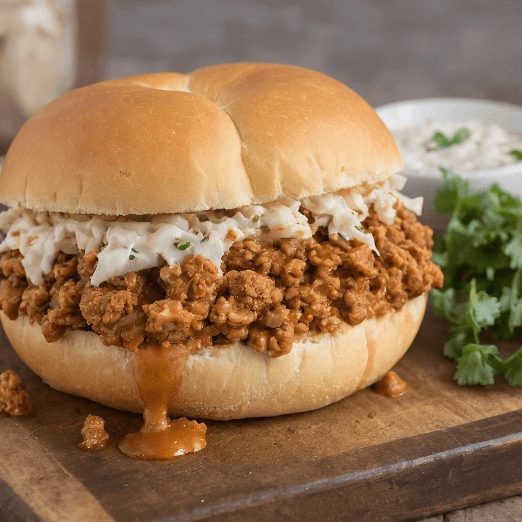 A close-up of a sloppy joe sandwich with seasoned ground meat filling and creamy coleslaw in a soft hamburger bun, with sauce dripping down the side.