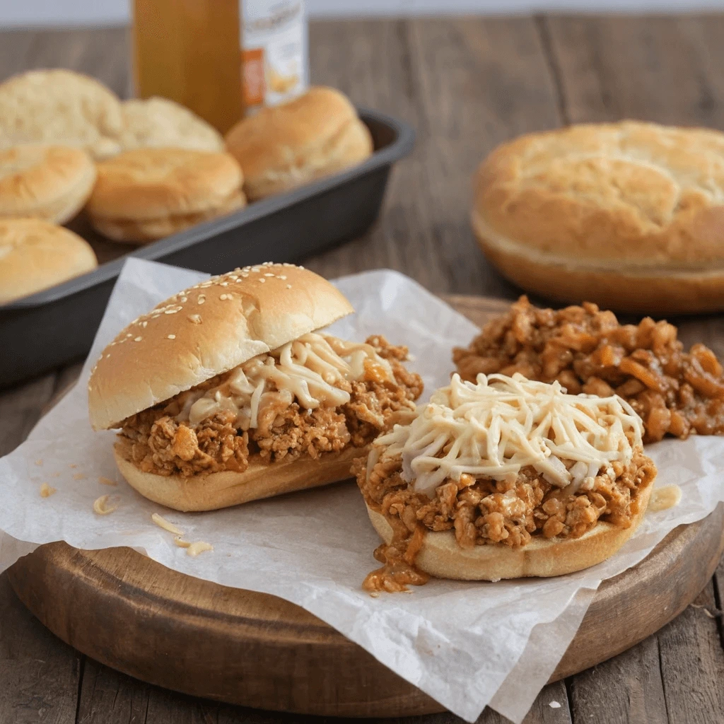 Two sloppy joe sandwiches with seasoned ground meat and melted cheese on soft buns, placed on parchment paper with extra filling in the background.