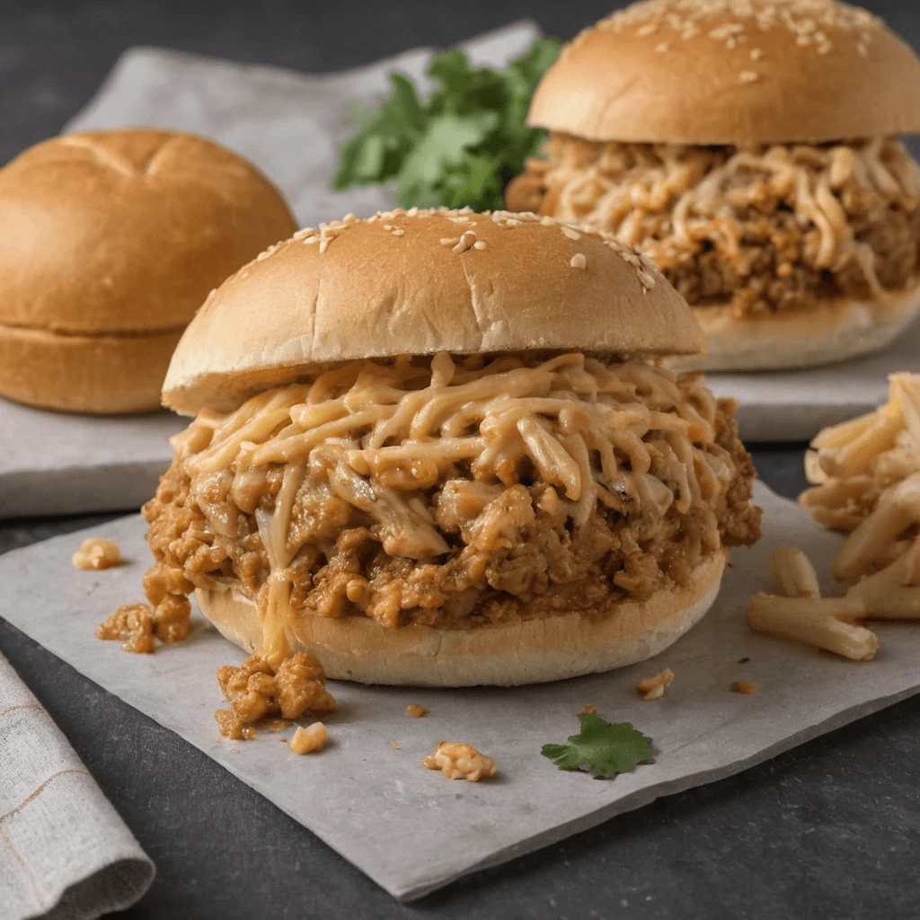 cheesy chicken sloppy A cheesy Sloppy Joe sandwich with a rich, savory ground meat filling, generously topped with melted cheese sauce, served on a soft sesame bun. The sandwich is placed on parchment paper with additional sandwiches and fries in the background.