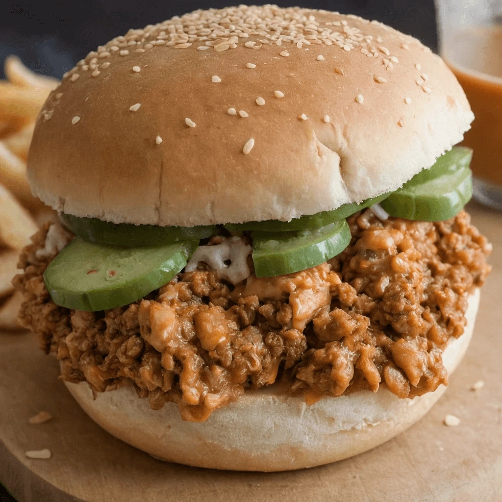 cheesy chicken sloppy A Sloppy Joe sandwich with a rich, saucy ground meat filling, topped with fresh cucumber slices and melted cheese, served on a sesame seed bun. The sandwich is presented on a wooden board with fries and sauce in the background.