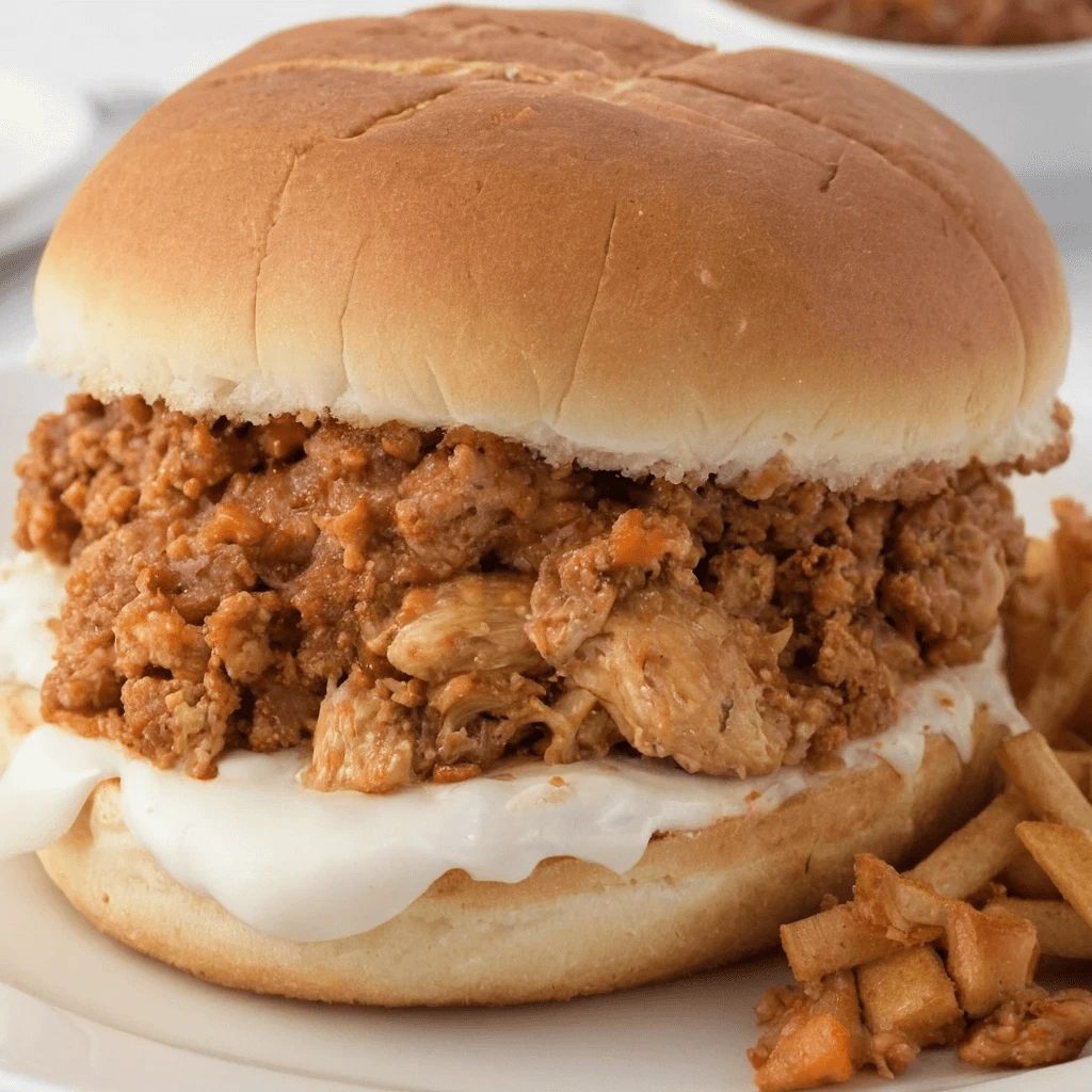 cheesy chicken sloppy Cheesy chicken sandwich with shredded and ground chicken in a rich, creamy sauce, topped with melted cheese and served in a soft burger bun. Easy and quick recipe for a comforting and delicious dinner.