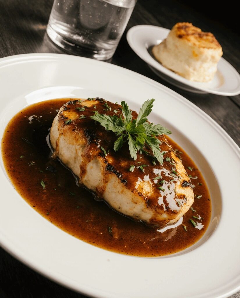 Smothered chicken breast served with rich brown gravy and fresh parsley garnish on a white plate