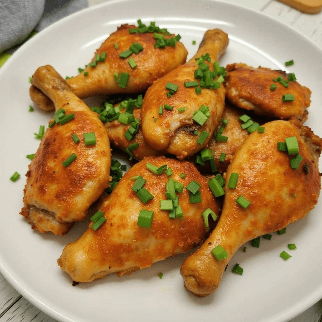 Crispy browned chicken drumsticks served on a white plate, topped with fresh chopped green onions.