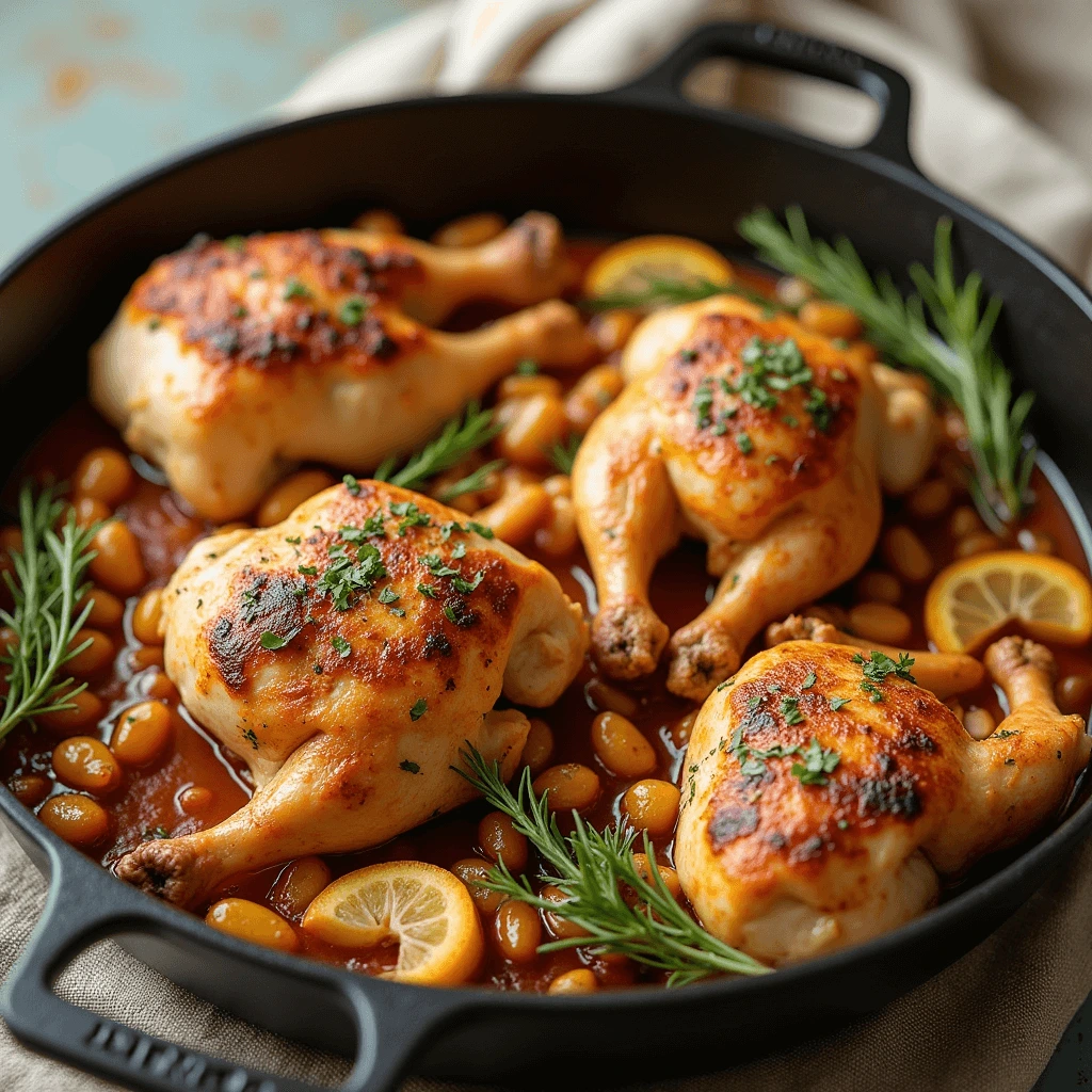Golden roasted whole chicken legs in a cast iron skillet with white beans, lemon slices, and rosemary sprigs in a rich tomato-based sauce.