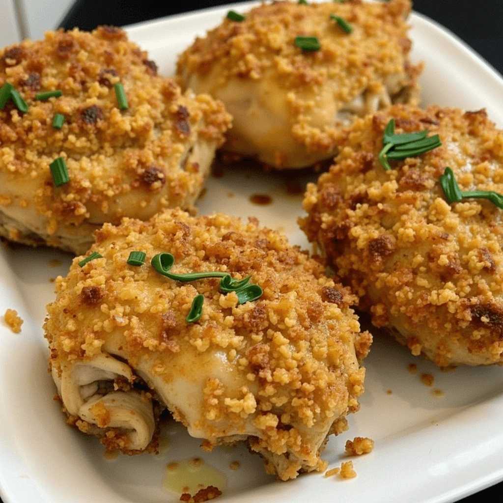 Crispy baked chicken thighs with golden breadcrumb coating, garnished with chopped chives on a white plate.