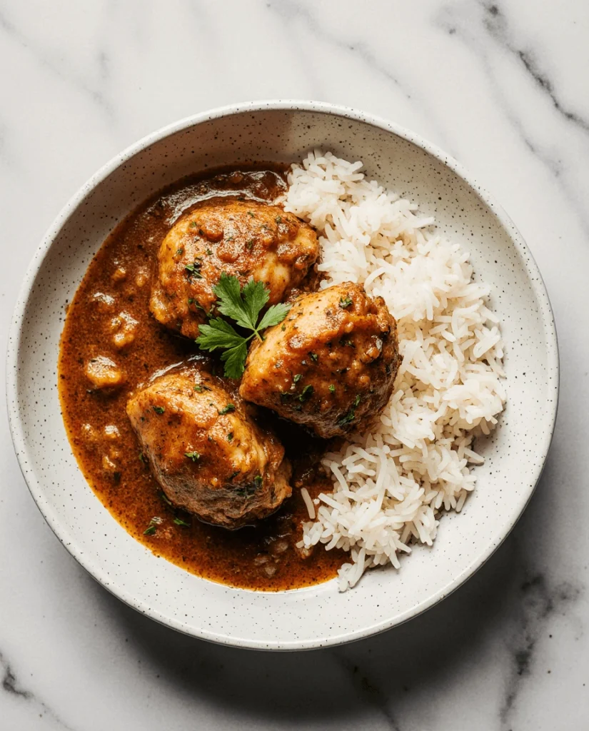Bowl of smothered chicken and rice garnished with fresh parsley on a marble background