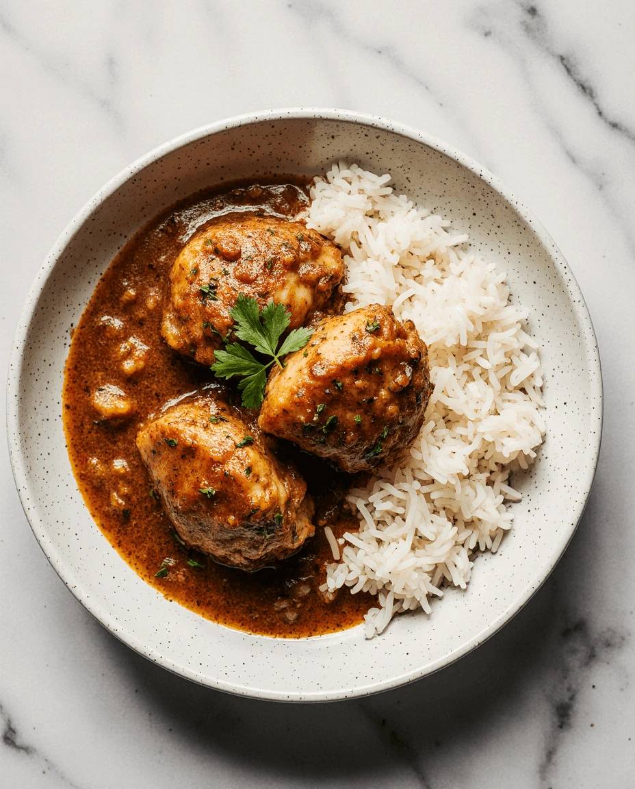 Bowl of smothered chicken and rice garnished with fresh parsley on a marble background