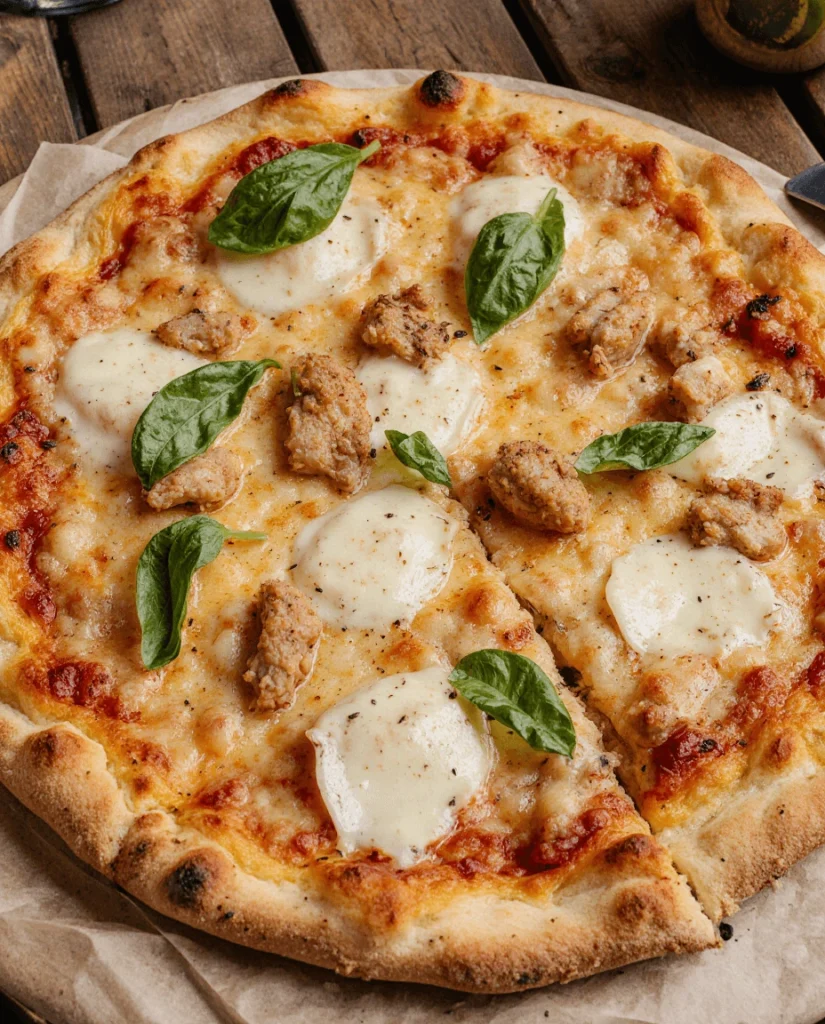 Low-carb chicken crust pizza topped with gooey mozzarella, crispy chicken bites, tomato sauce, and fresh basil – keto-friendly and gluten-free.