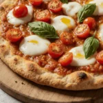 Chicken crust pizza topped with fresh cherry tomatoes, basil leaves, and melted mozzarella