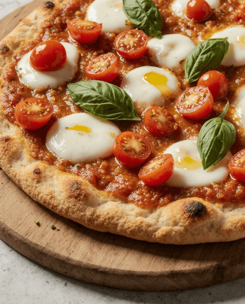 Chicken crust pizza topped with fresh cherry tomatoes, basil leaves, and melted mozzarella