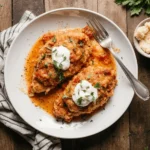 Chicken Parmesan topped with tomato sauce and cream, served on a white plate with herbs.