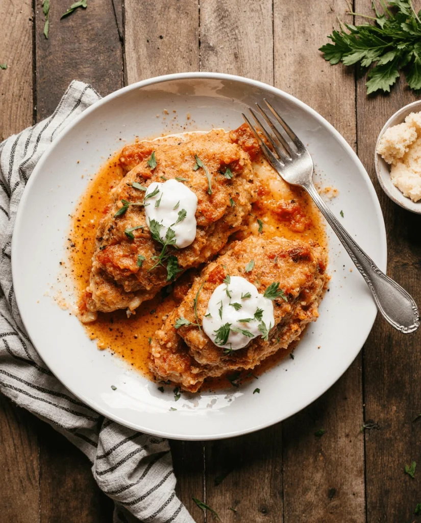 Chicken Parmesan topped with tomato sauce and cream, served on a white plate with herbs.