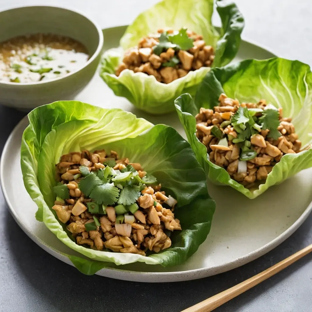 Chicken lettuce wraps filled with seasoned chicken and fresh herbs on a plate
