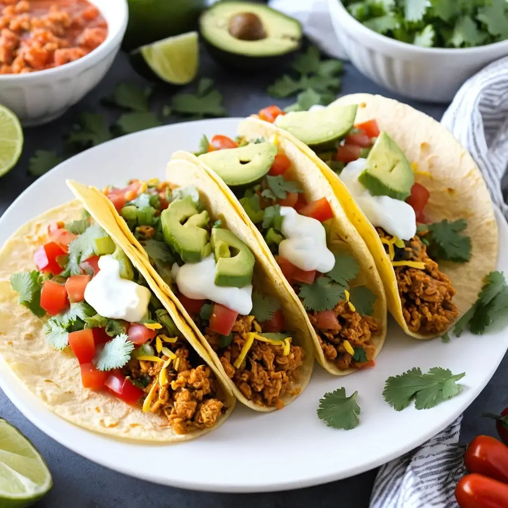 Ground chicken tacos with avocado, tomatoes, cilantro, and sour cream in soft tortillas.