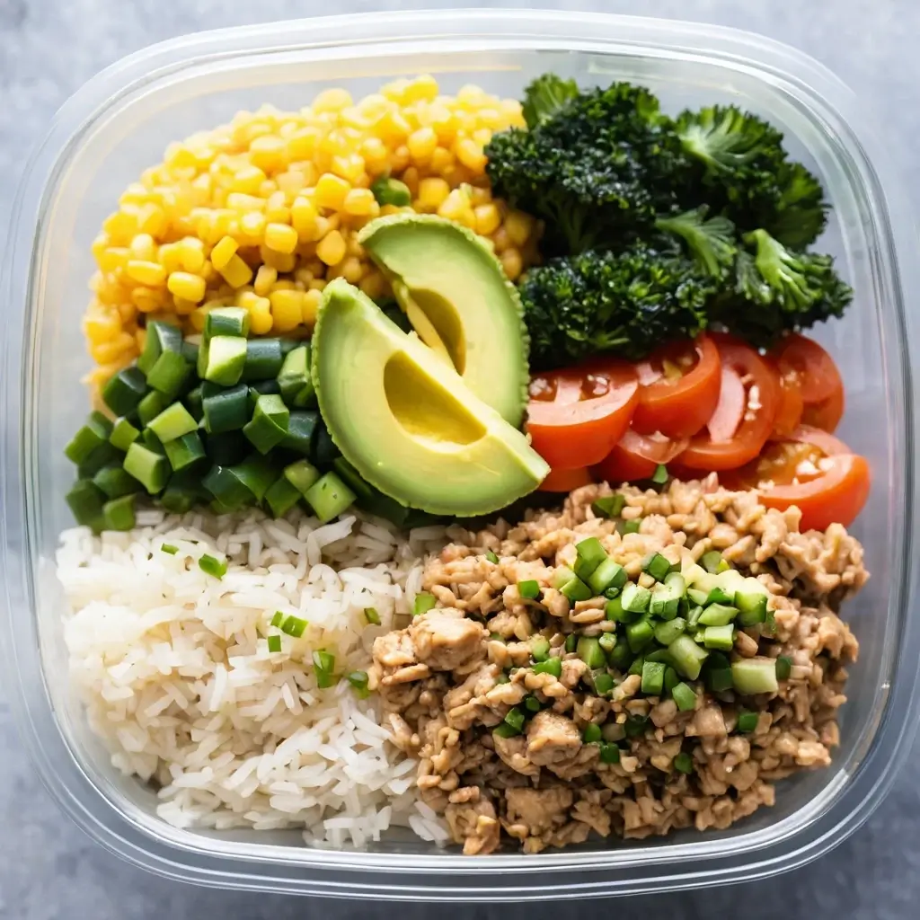 Ground chicken meal prep bowl with rice, avocado, corn, broccoli, tomatoes, and jalapeños