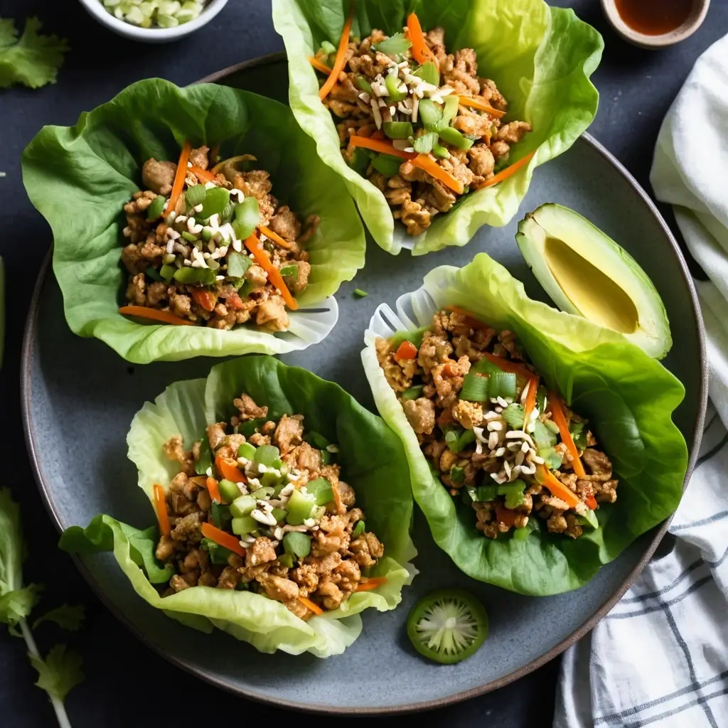Asian chicken lettuce wraps with vegetables, green onions, and crunchy toppings.