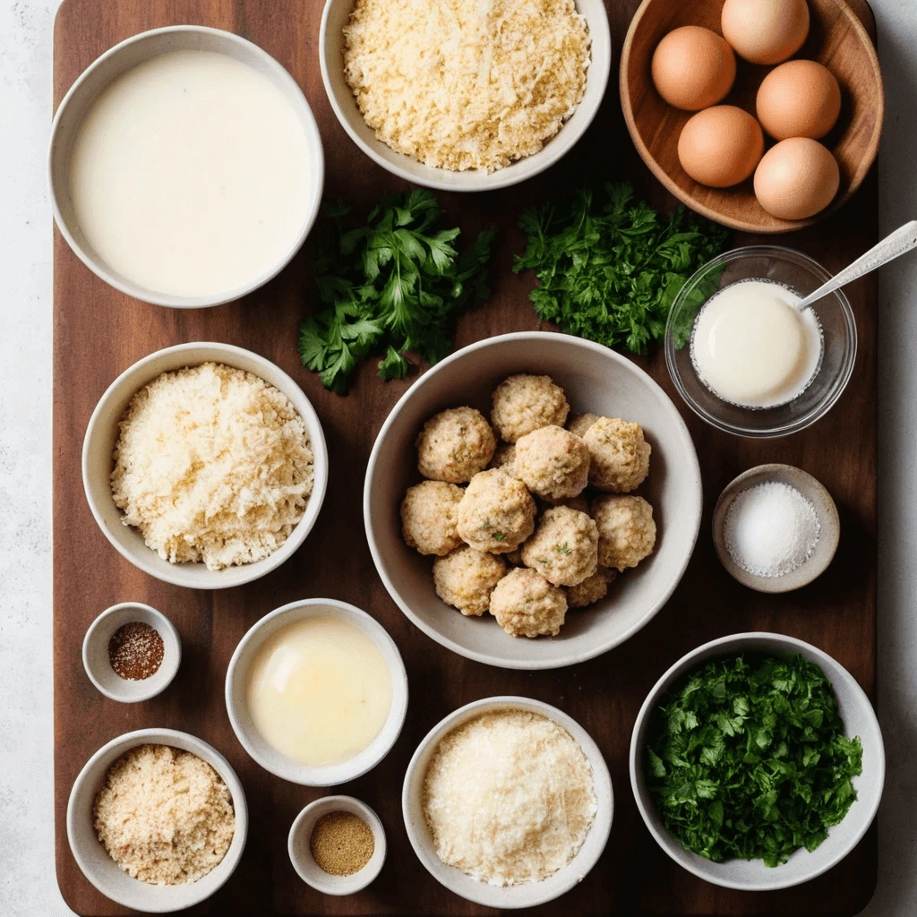 Overhead view of ingredients for chicken meatballs, including eggs, breadcrumbs, grated cheese, milk, herbs, and seasonings in small bowls.