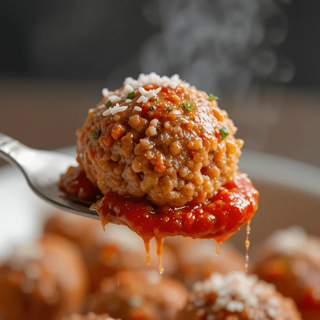 Close-up of a juicy baked chicken meatball on a spoon with marinara sauce dripping, topped with grated cheese and herbs.
