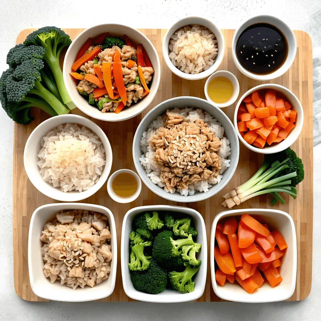 Meal prep ingredients on a wooden board with bowls of rice, cooked ground chicken, broccoli, carrots, scallions, and sauce.