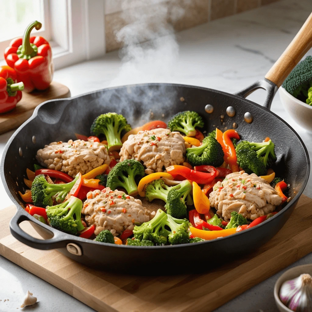 Steaming skillet with ground chicken patties, broccoli florets, and sliced red and yellow bell peppers cooking on the stovetop.